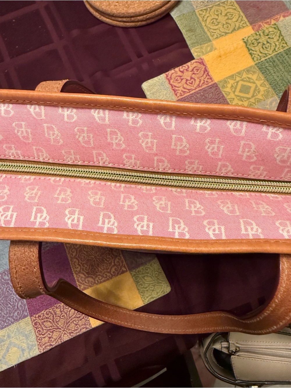 Dooney & Bourke Pink Signature Canvas Shoulder Tote with Tan Leather Trim - Picture 4 of 7